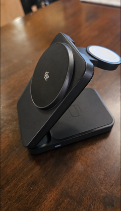 Store-supplied sample image of an open matte black charging station on wood